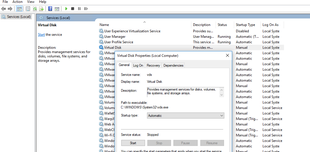 Windows Virtual Disk Servisi Başlatılamıyor Hatası